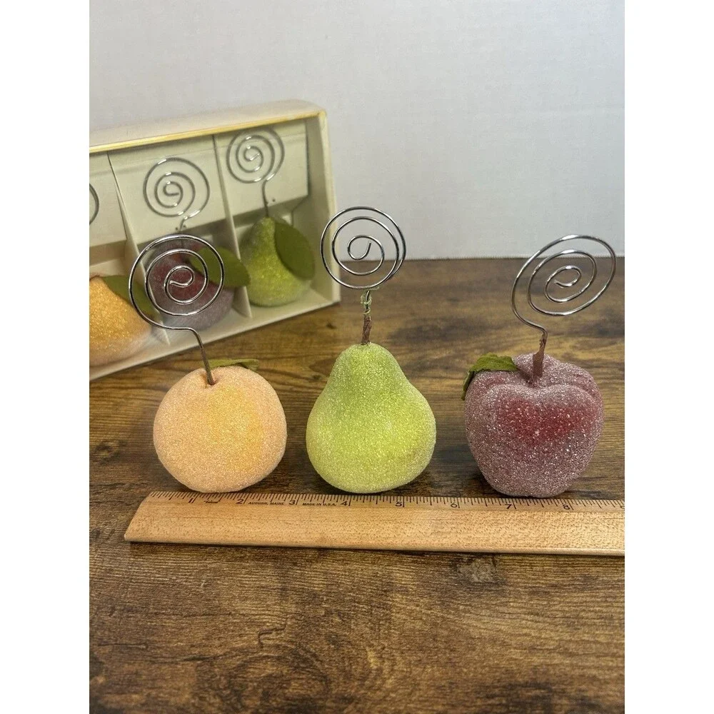 Pier 1 Sugared Fruit Photo Dining Place Card Holders Apple Pear Peach Set of 6